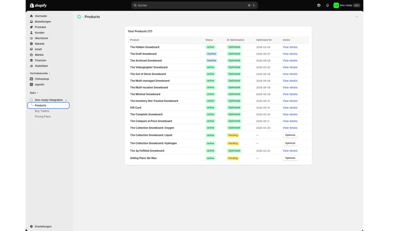 Produktliste mit Optimierungsstatus