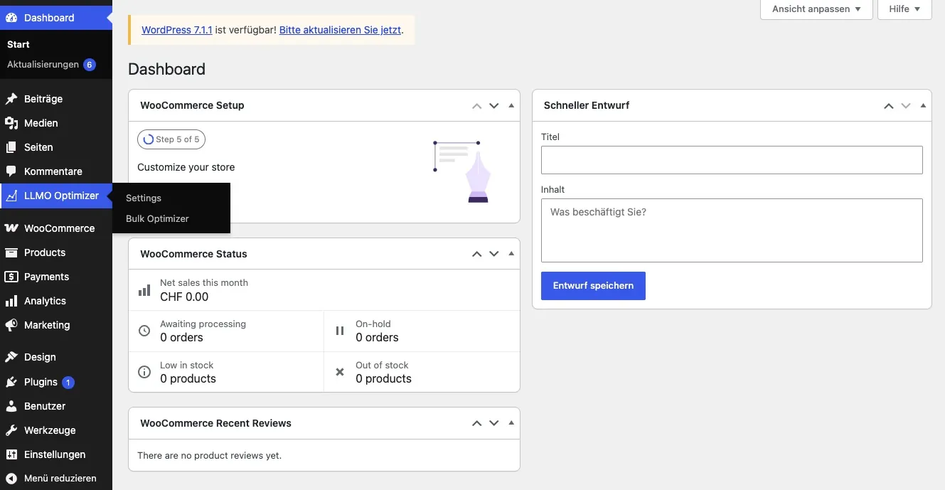 LLMO Optimizer Menüpunkt im WordPress Dashboard