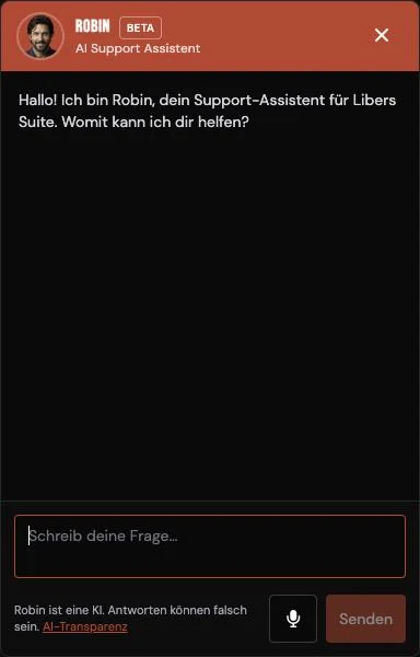 Chatfenster von Robin in Libers Suite mit Begrüssung, Eingabefeld und Mikrofon-Button