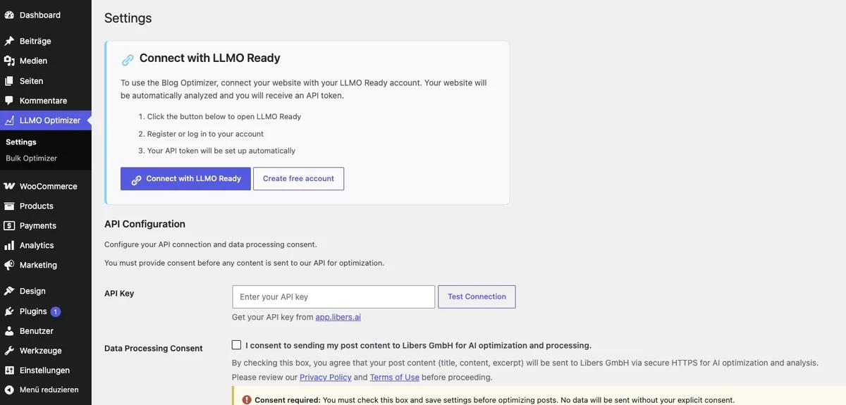 Einstellungsseite des Blog Optimizers in WordPress mit den Buttons Connect with LLMO Ready und Create free account