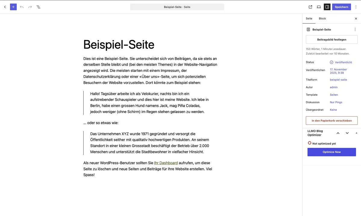 WordPress-Editor mit dem Kasten LLMO Blog Optimizer und dem Button Optimize Now in der Seitenleiste